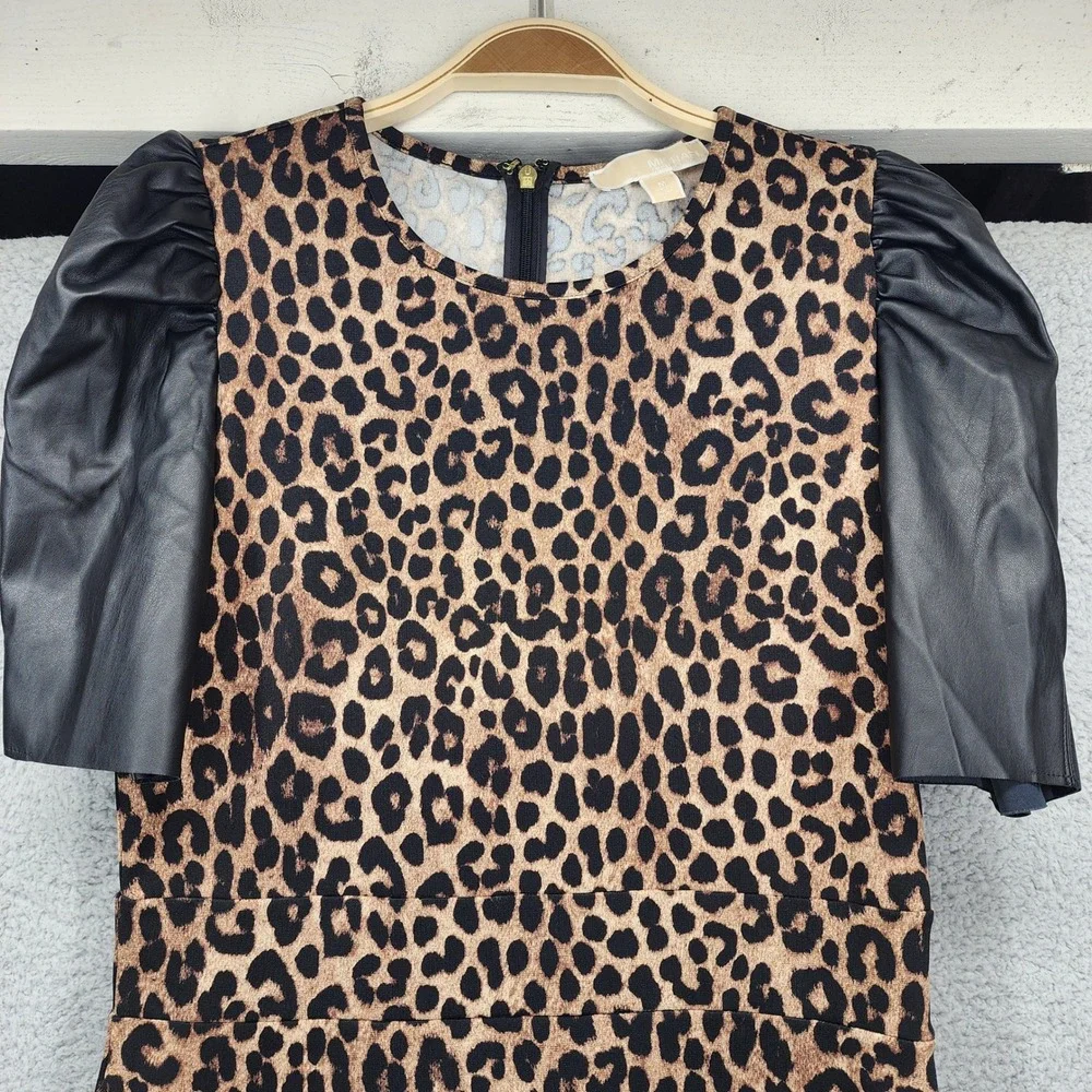 MICHAEL KORS Leopard Print Faux Leather Sleeve Fit‎ Flare Dress Women's Medium